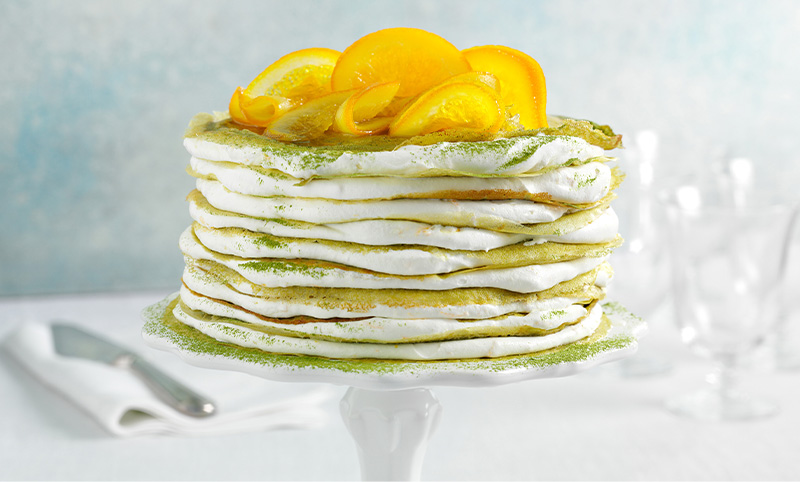 Matcha Crepe Cake With Orange Whipped Cream Recipe | Sugimoto Tea Company