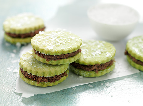 recipe preview image - sea salt matcha cookies chocolate filling